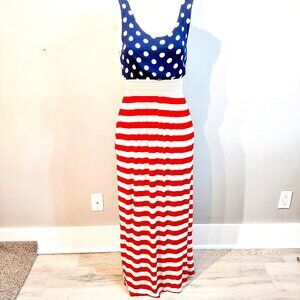 Eloges Vintage Y2k 90's Festive Red White & Blue Striped Maxi Dress Size Medium